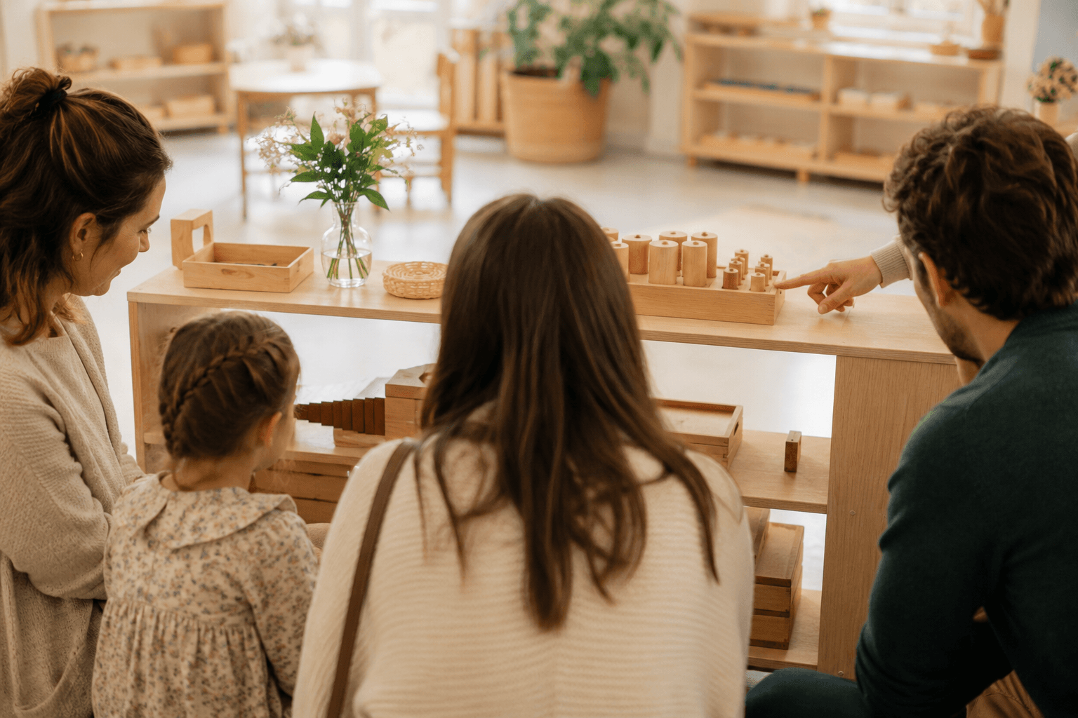 Famille découvrant un environnement Montessori préparé