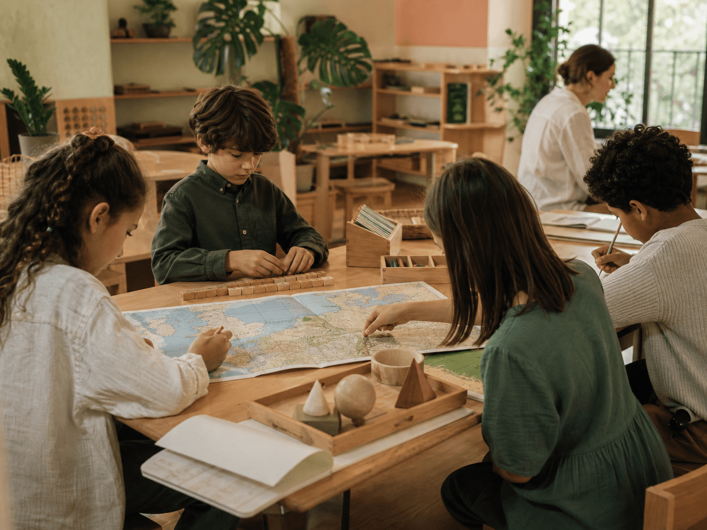 Enfants travaillant ensemble dans une ambiance Montessori
