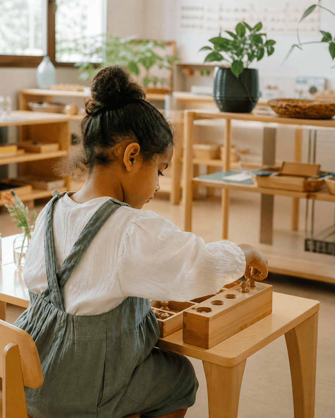 Enfant découvrant le matériel Montessori
