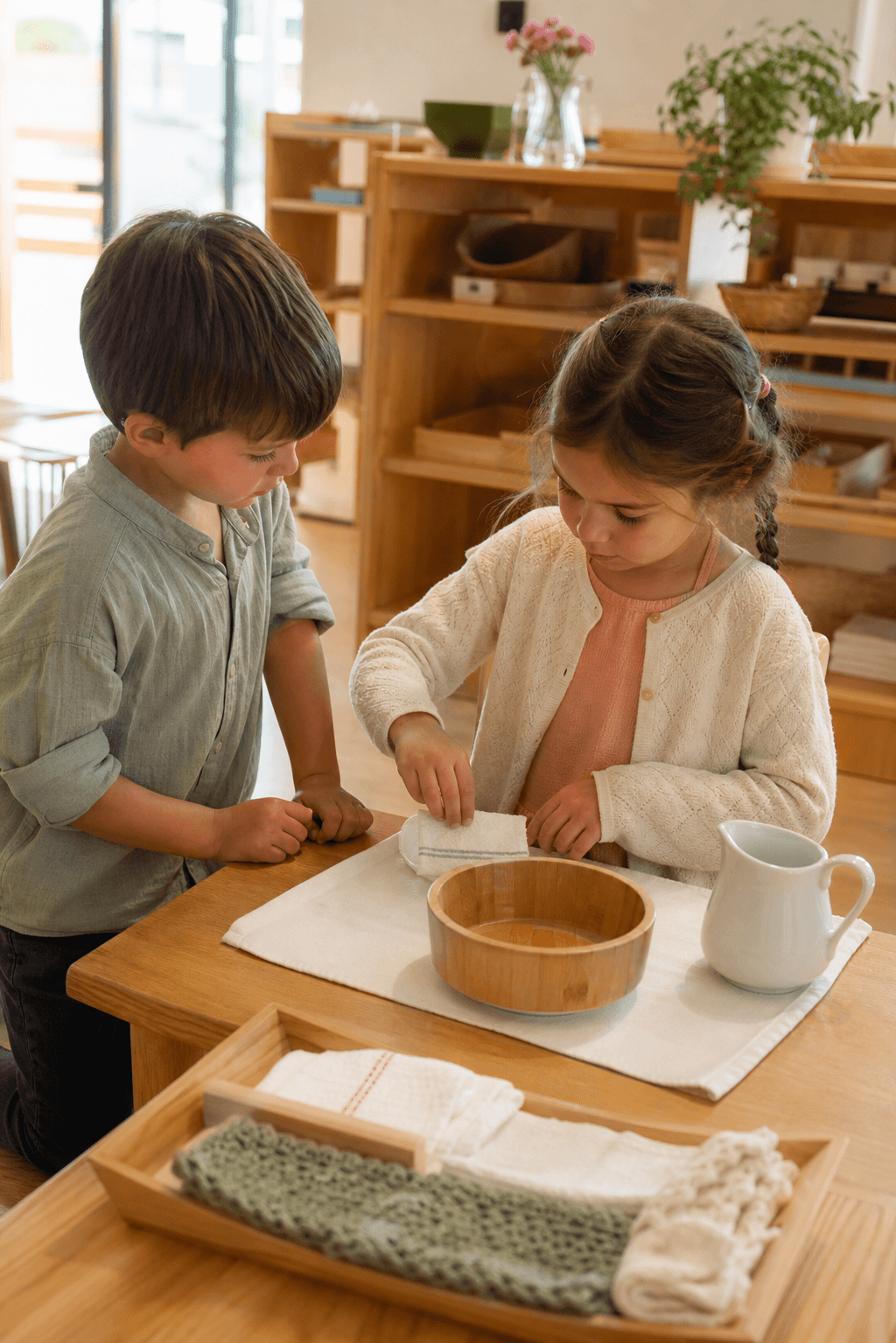Enfants partageant une activité Montessori